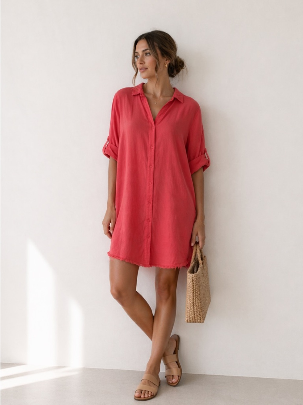 Mododoc Oversized Linen Shirt Dress Red XS Coastal Casual Boho Summer‎